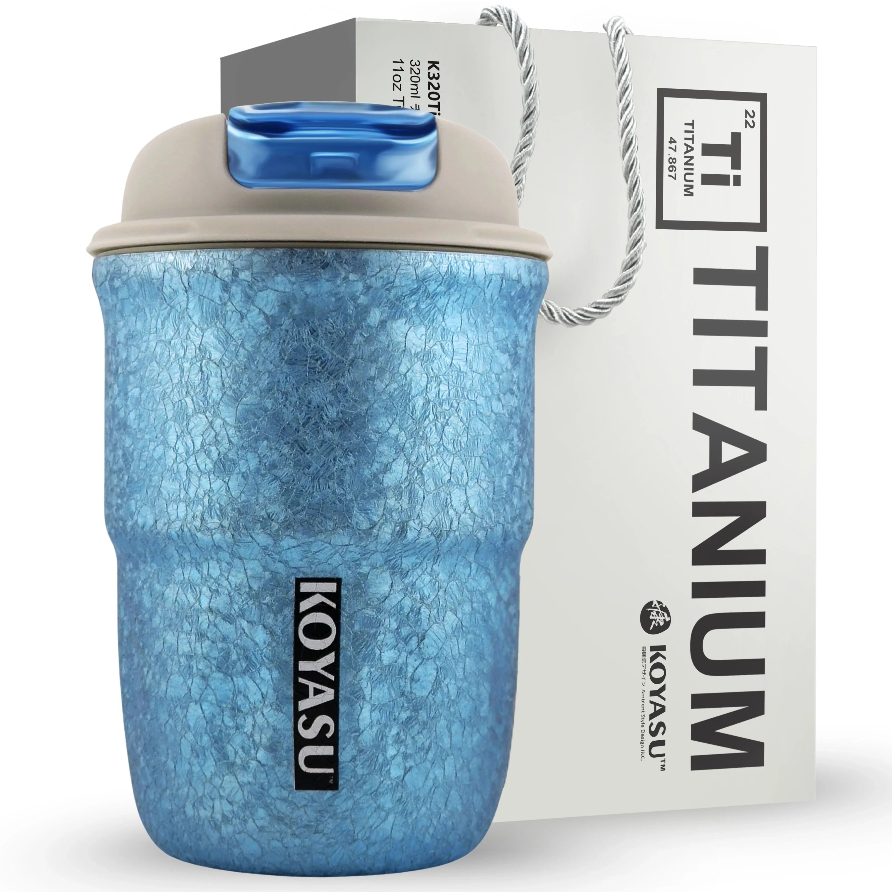 KOYASU 12oz titanium-lined travel mug in blue, shown with leak-proof lid and original packaging, emphasizing premium presentation.