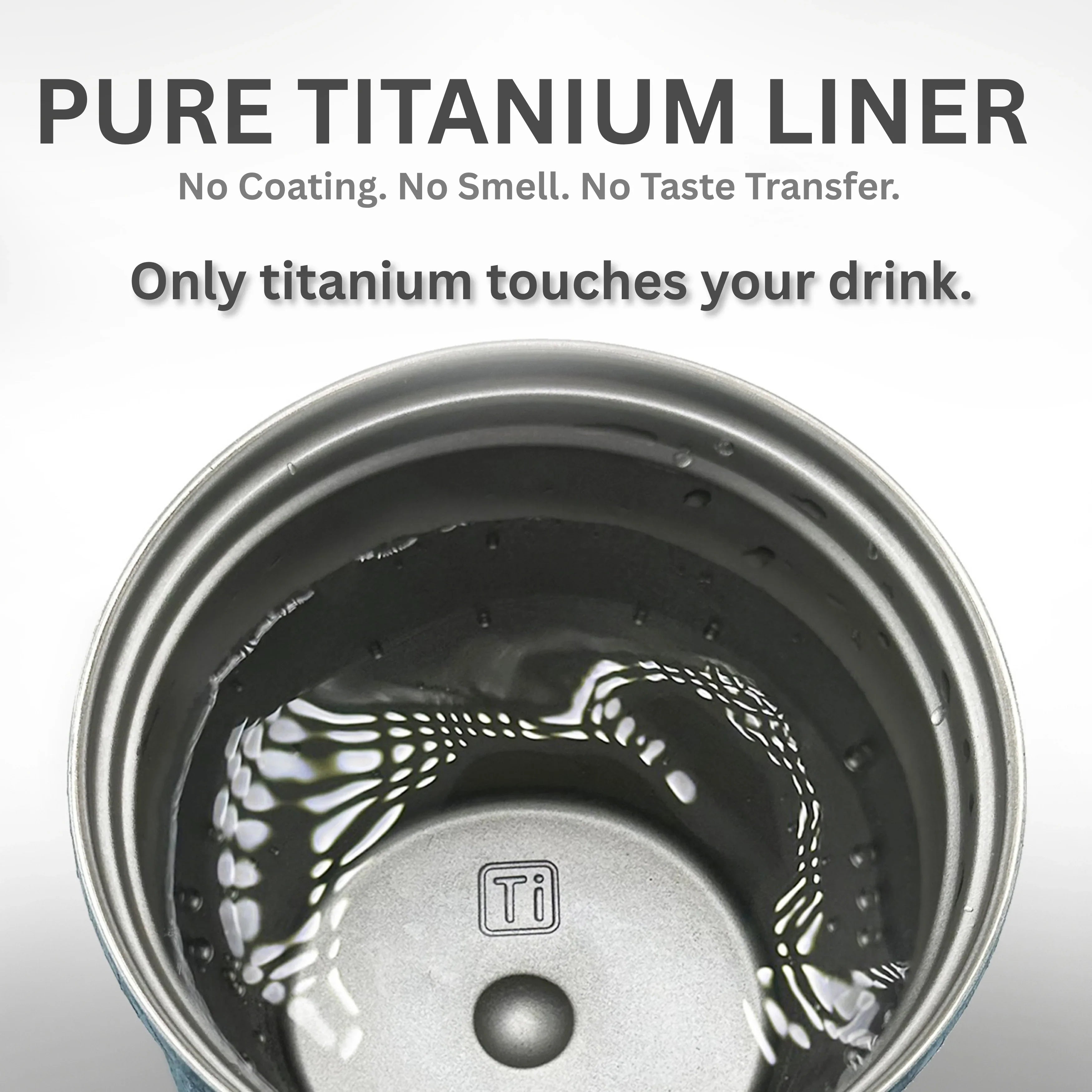 Close-up of the titanium liner inside KOYASU mug, showcasing uncoated, food-safe metal finish.