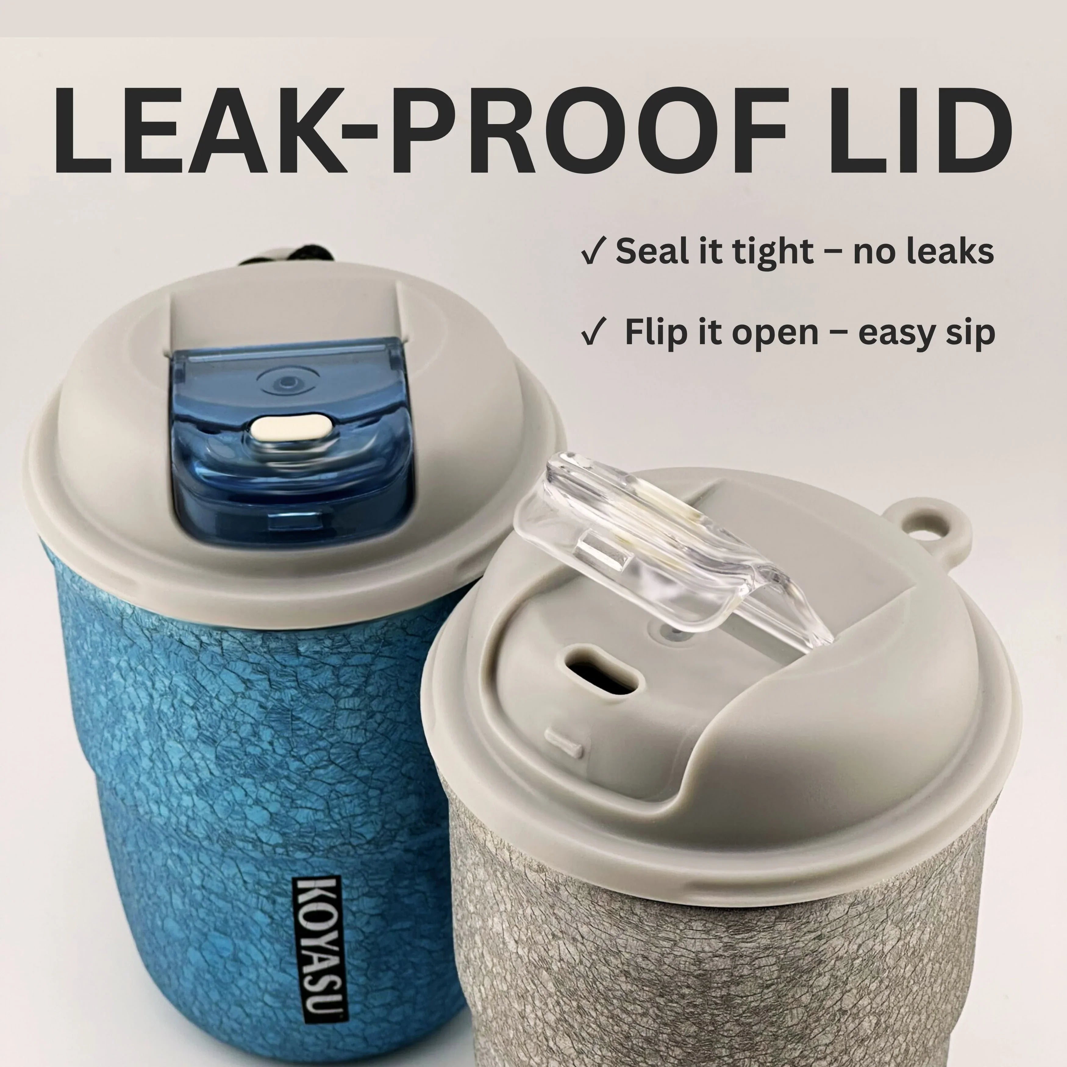 Exploded view of lid features: leak-proof flip cap, sipping spout, and silicone seal.