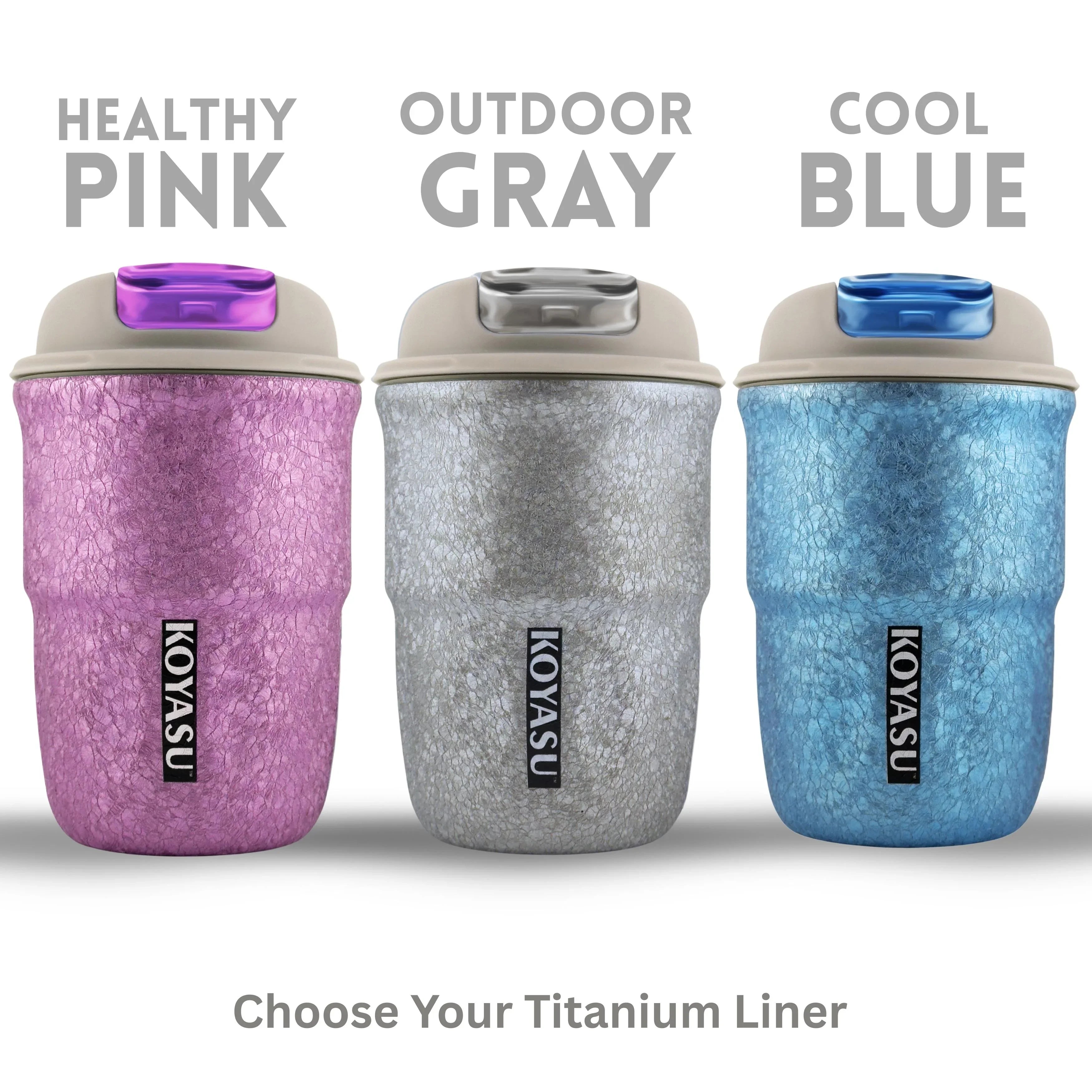 Three color options of KOYASU 12oz mug in Healthy Pink, Outdoor Gray, and Cool Blue.