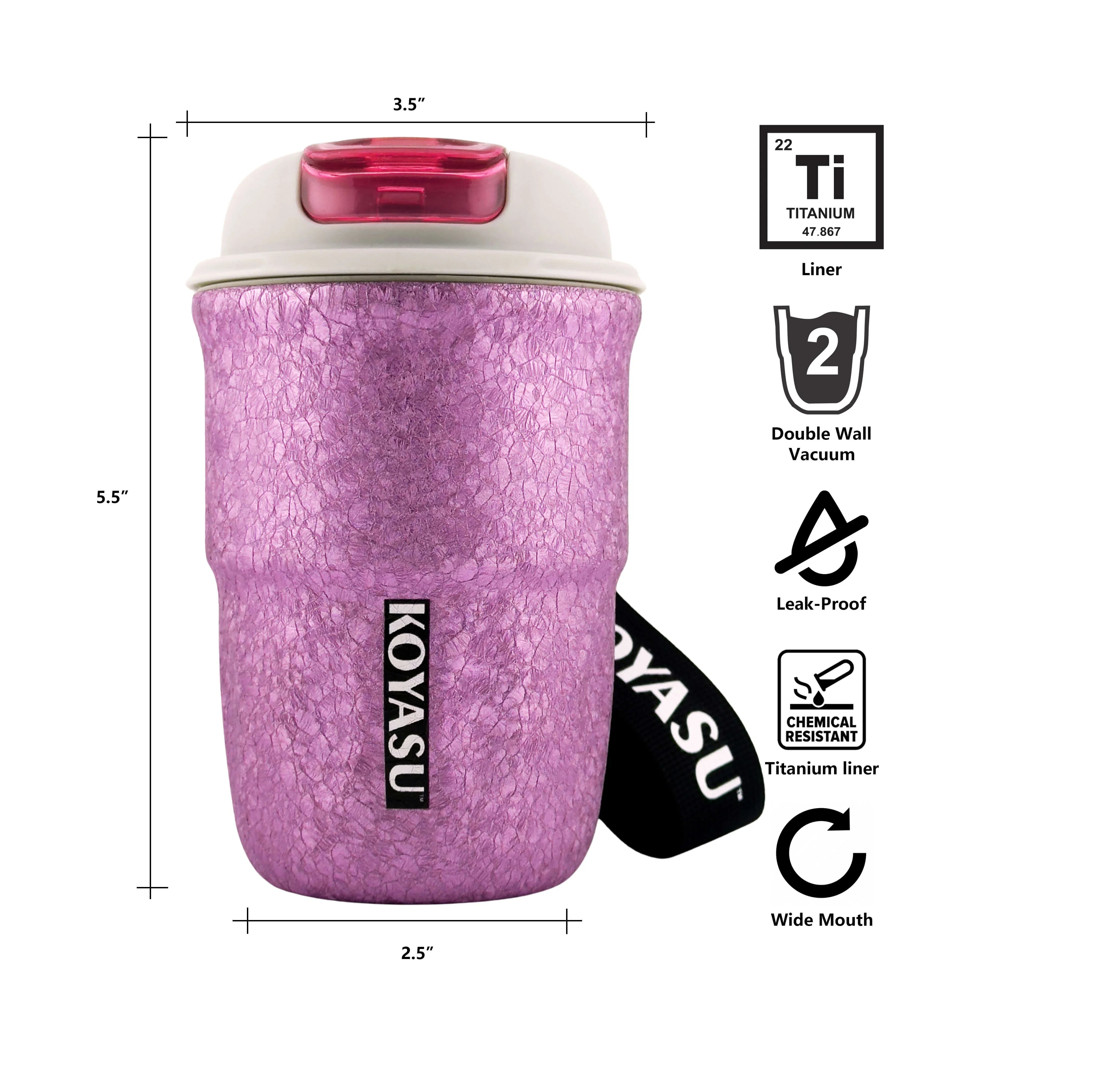 KOYASU 12oz titanium-lined cup mug tumbler thermos bottle in outdoor gray, front view with dimensions (3.5" width, 5.5" height), and icons showcasing features: titanium liner, leak-proof, double-wall vacuum insulation, wide mouth, chemical resistance.