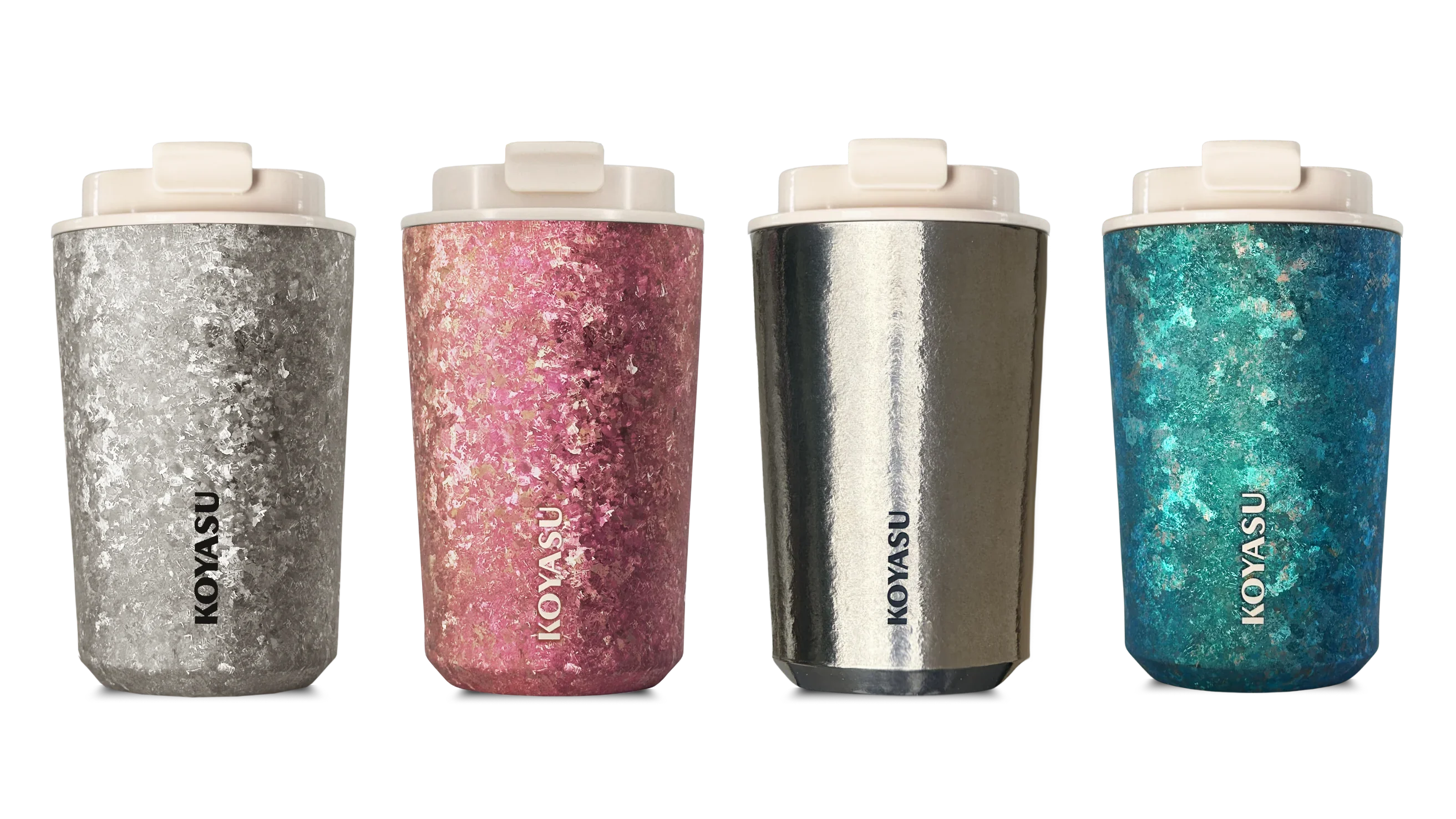 Full collection of KOYASU Ti-Zen 12oz Pure Titanium Tumblers featuring unique Crystallized Finish in 4 colors: Crystal Silver, Dawn Pink, Indigo Blue, and Nimbus Gray. Ultralight vacuum insulated travel mugs perfect for outdoor camping, hiking EDC, and premium gifts for men and women.