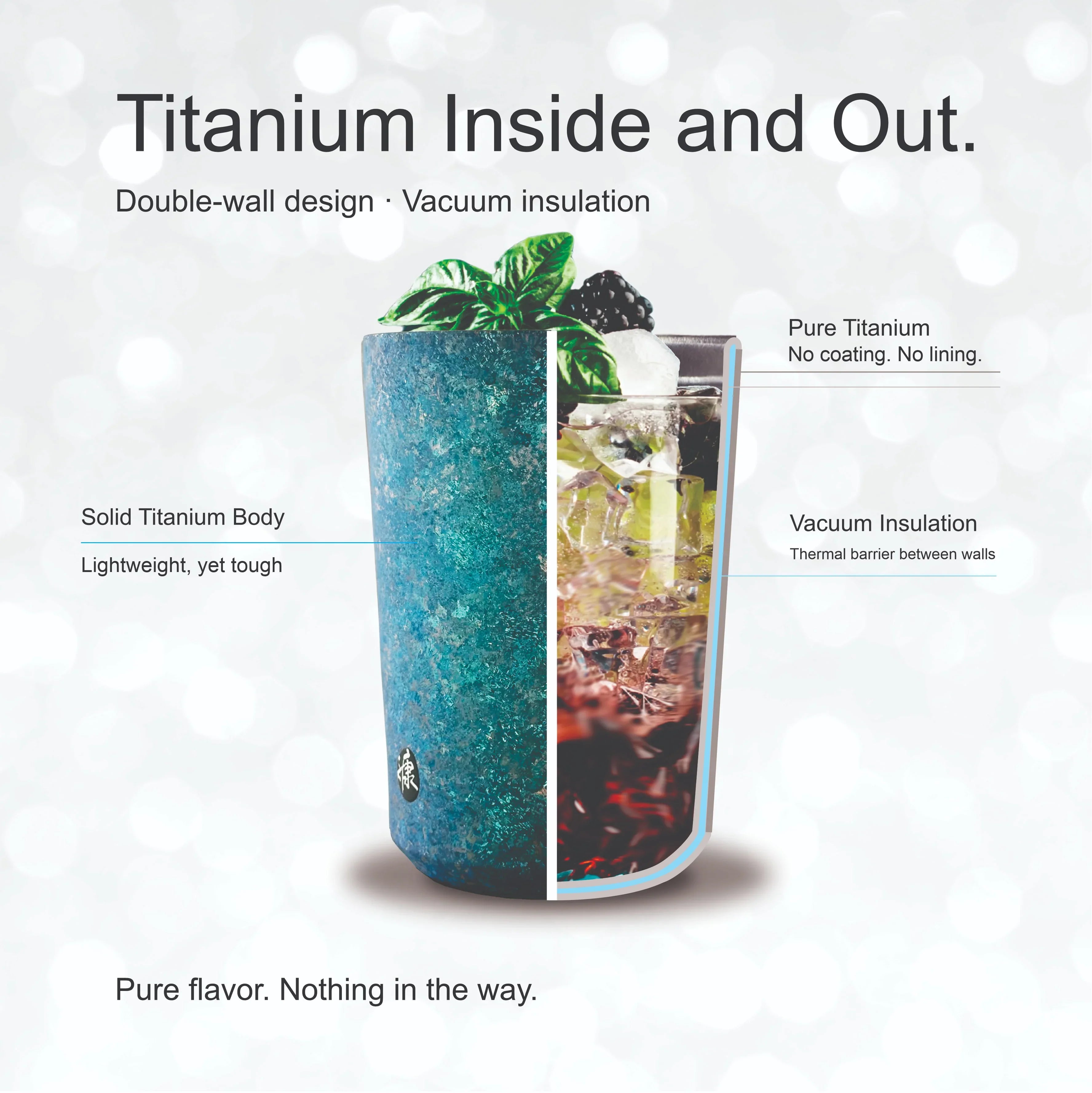 KOYASU Ti-Zen Blue Titanium Tumbler cross section with iced lime water showing double wall vacuum insulation