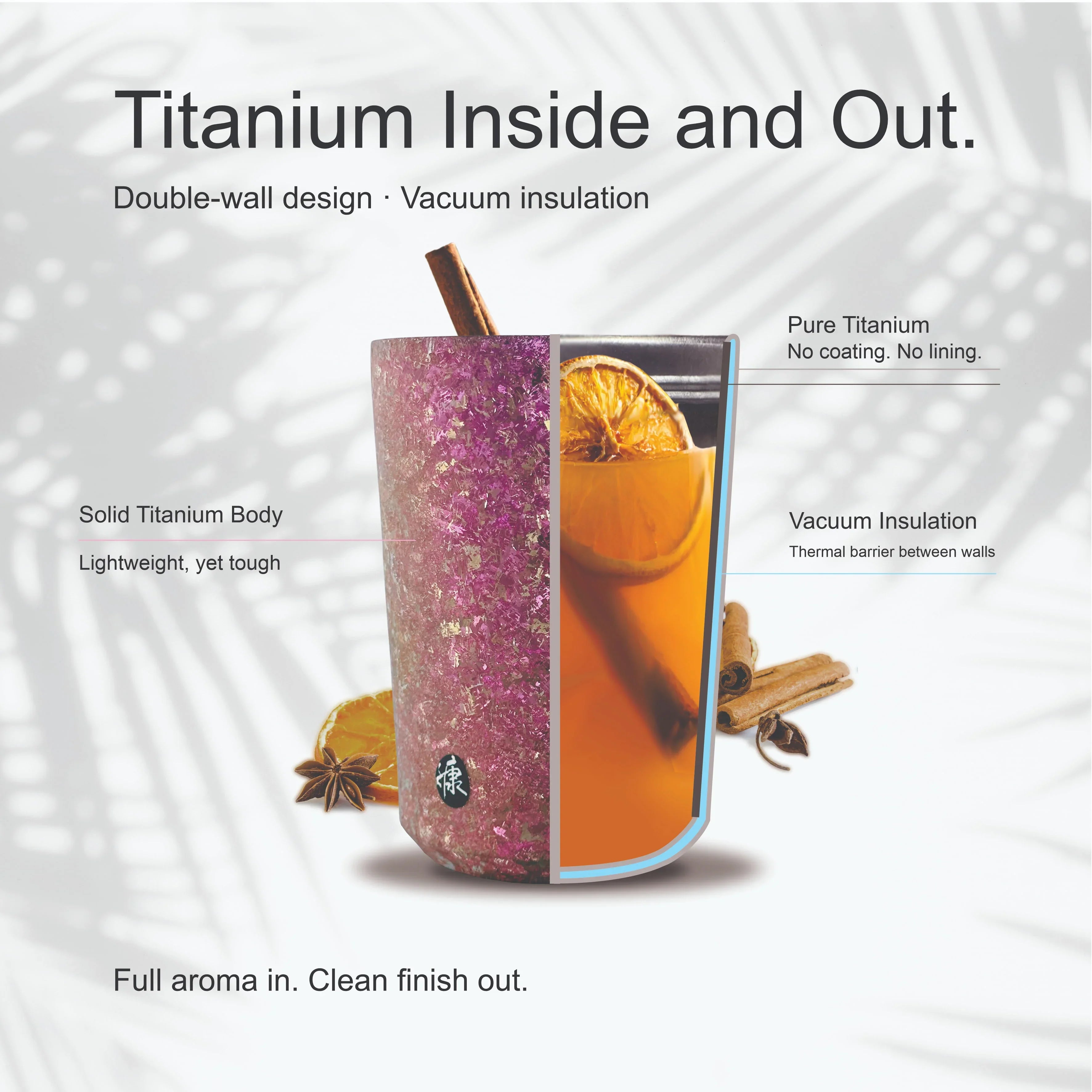 KOYASU Ti-Zen Pink Titanium Mug inside view with hot herbal tea and cinnamon showing uncoated medical grade interior