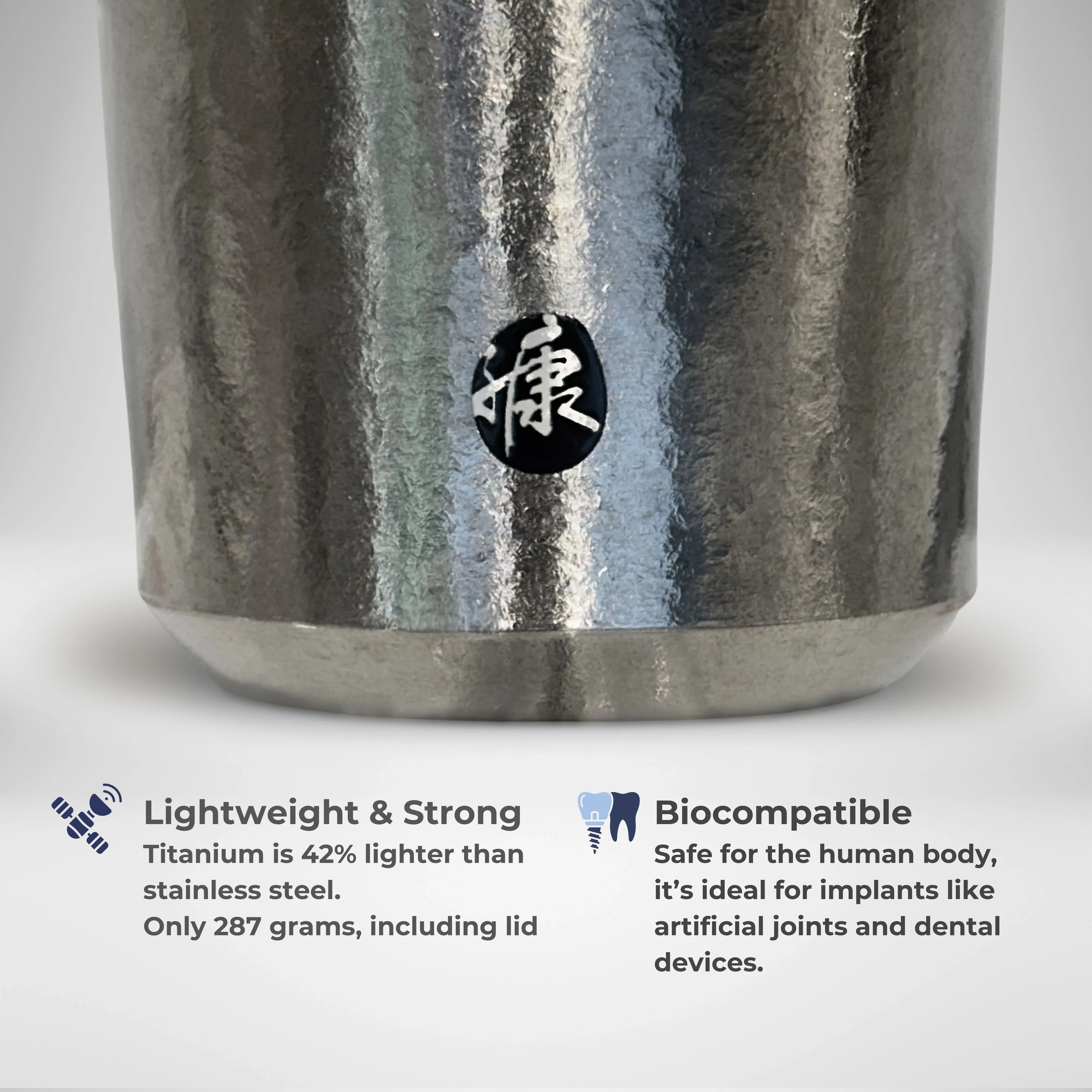 Close up of KOYASU Ti-Zen Gray Titanium Tumbler showing crystallized texture lightweight and biocompatible material
