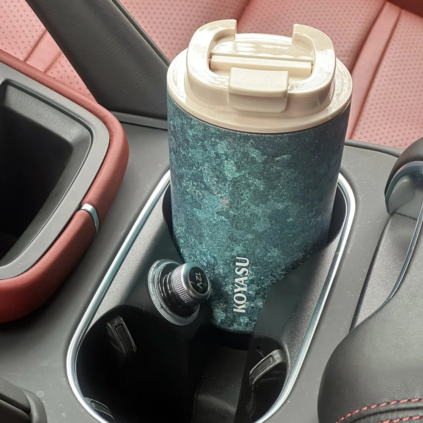 KOYASU Ti-Zen Indigo Blue Titanium Travel Mug fits perfectly in standard car cup holder for commuters