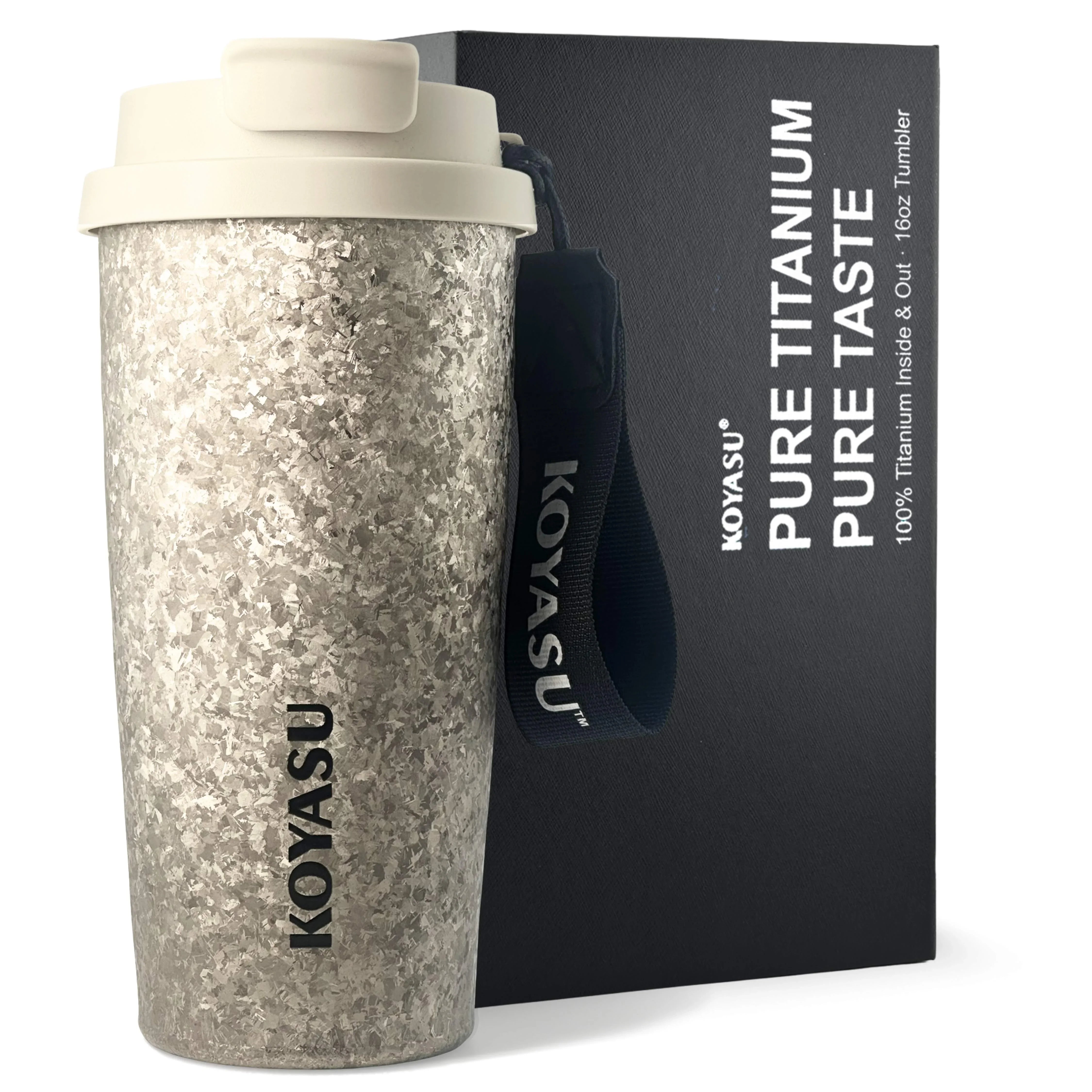 KOYASU Ti-Zero 16oz Pure Titanium Travel Mug in Titanium Frost with Crystallized Finish, Double-Wall Vacuum Insulated Tumbler and Premium Gift Box.
