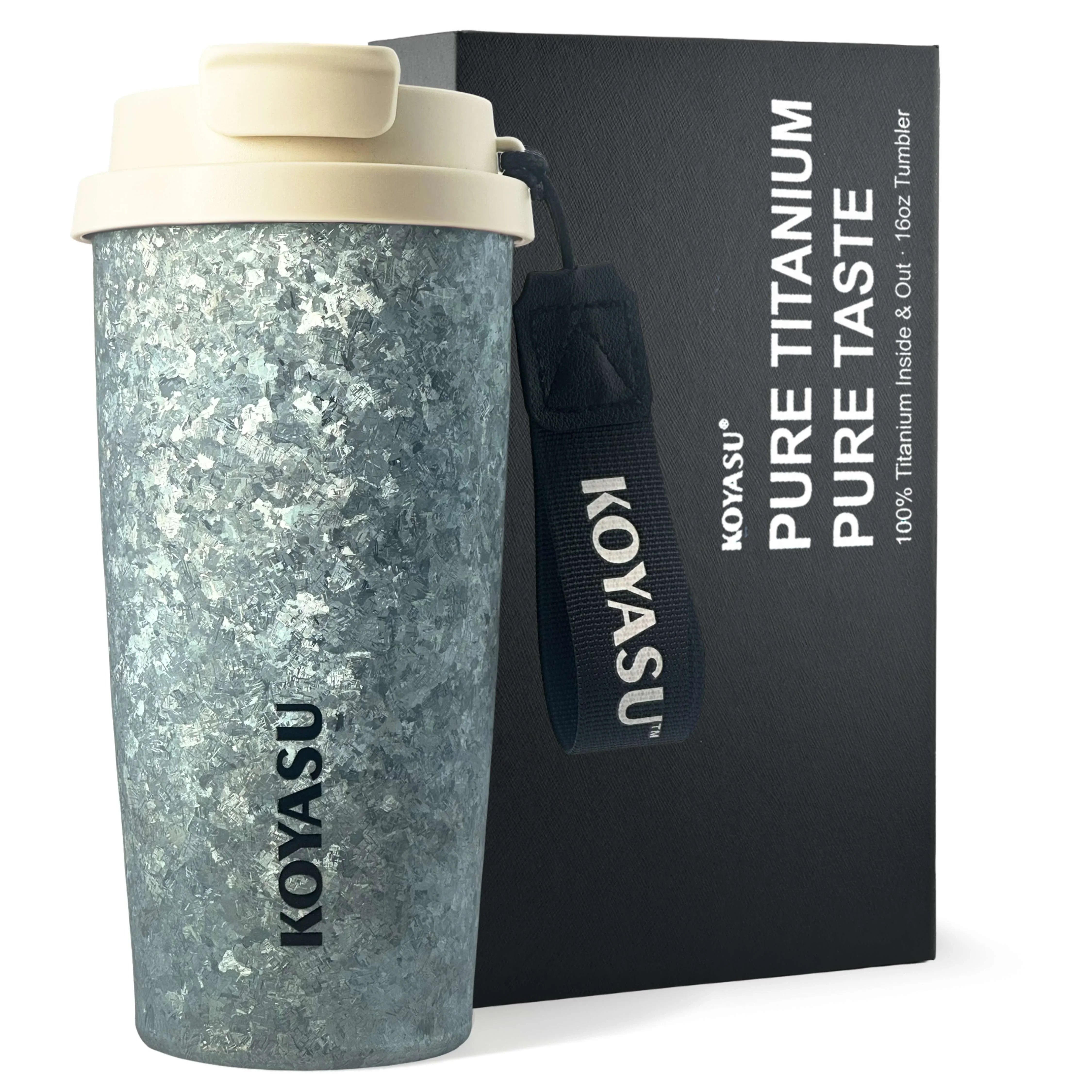 KOYASU Ti-Zero 16oz Titanium Water Bottle in Glacial Blue Crystal Ice Finish, Sweat-Proof and Leak-Proof Travel Flask for Car Cup Holder.