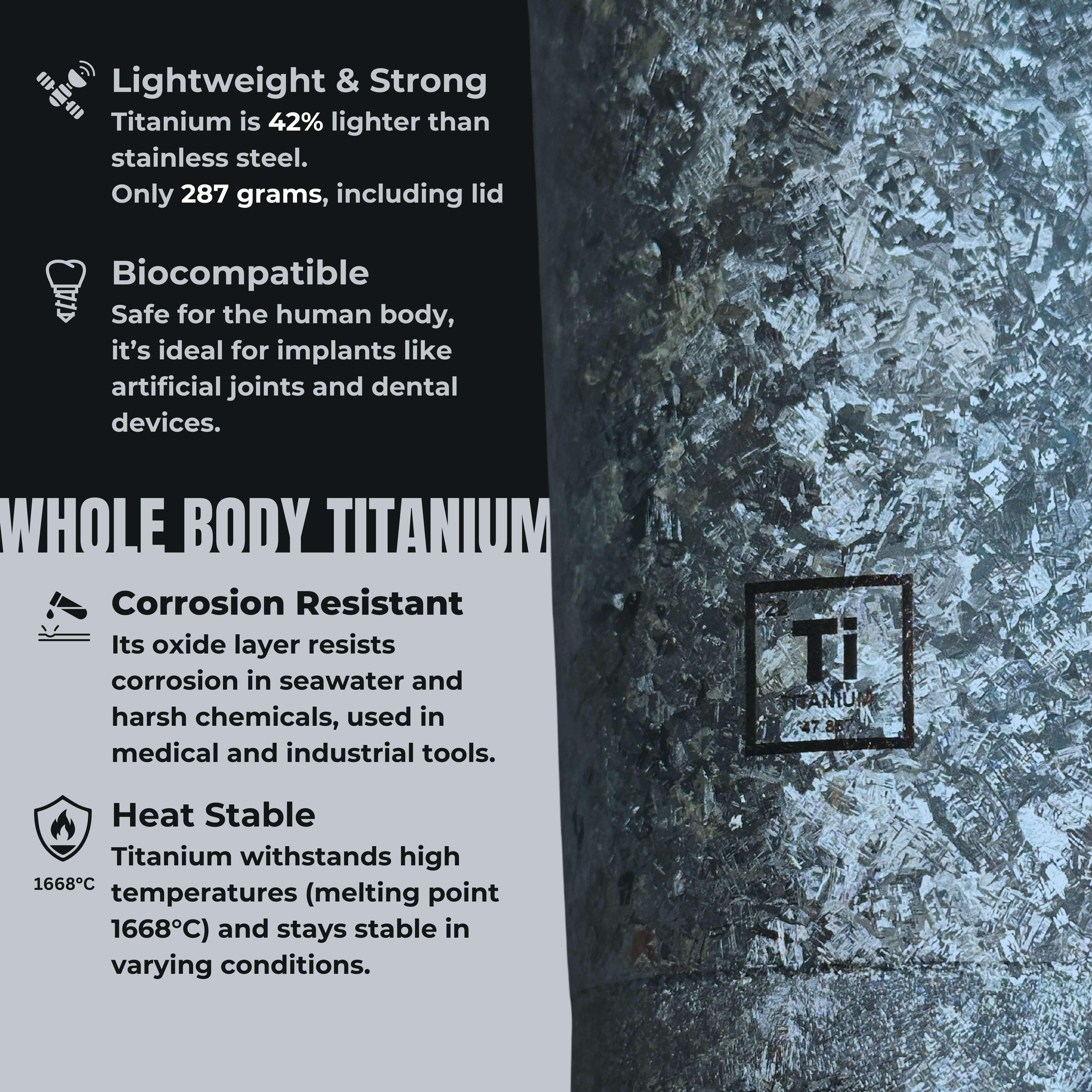 KOYASU 16oz whole-body titanium mug with text overlay highlighting four key features: 42% lighter than stainless steel, biocompatible for human safety, corrosion resistant in harsh environments, and heat stable up to 1668°C.