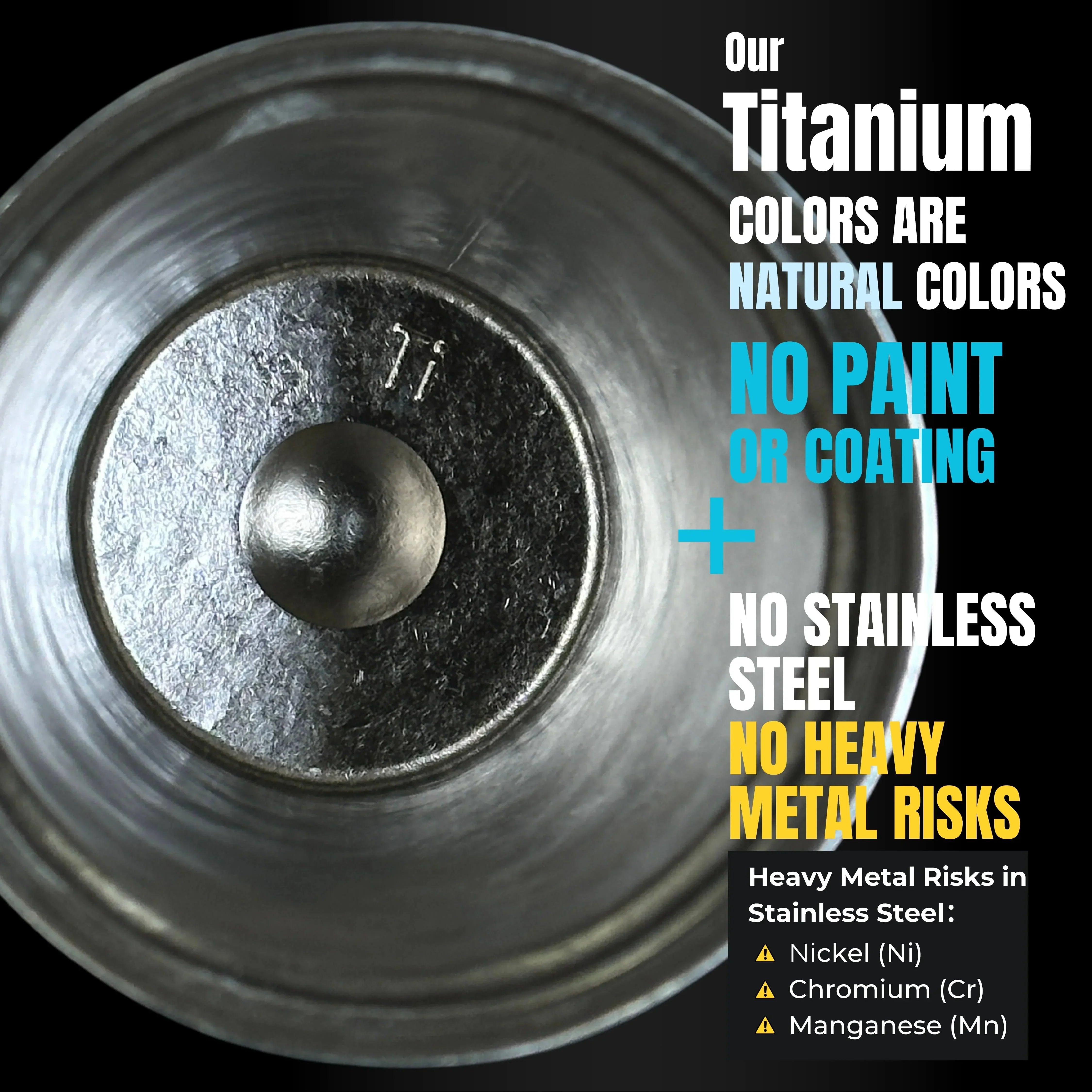 KOYASU titanium cup with raw titanium surface, highlighting no paint, no stainless steel, and no heavy metals like Ni, Cr, Mn