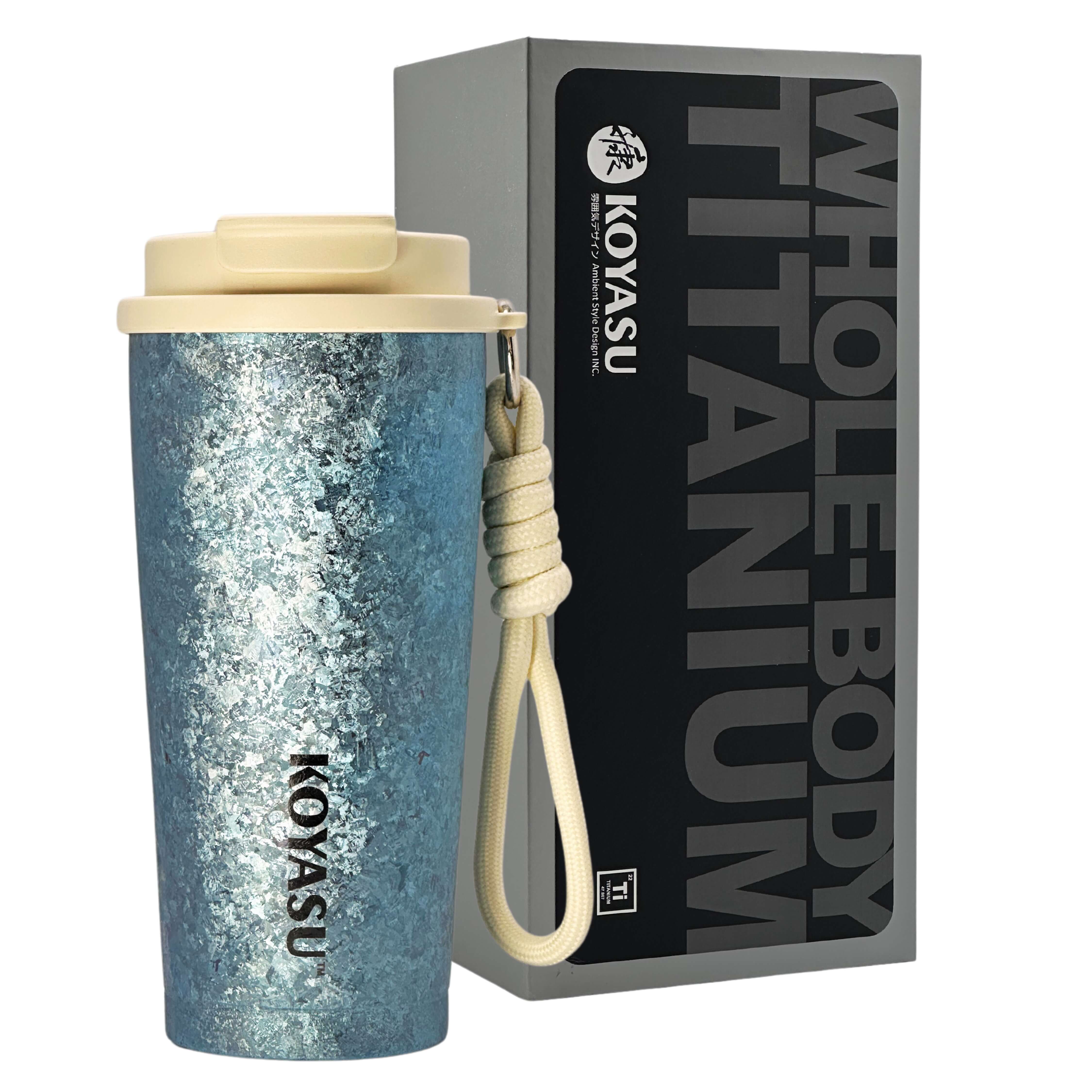 KOYASU 16oz whole-body titanium mug in blue with lid and rope, shown with premium packaging box