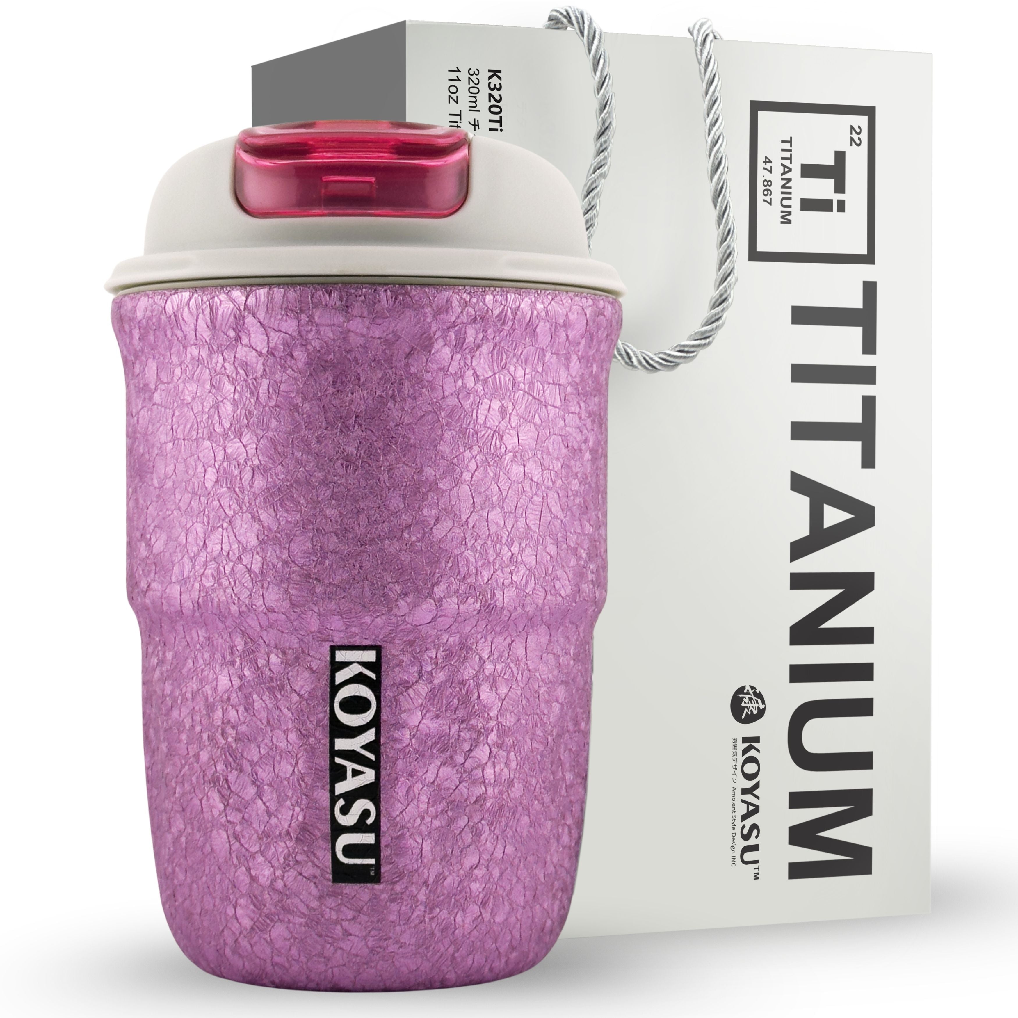 KOYASU 12oz titanium-lined cup-mug-tumbler-thermos-bottle in Healthy Pink, shown on a brunch table beside a breakfast plate. Features uncoated interior for safe, pure flavor.
