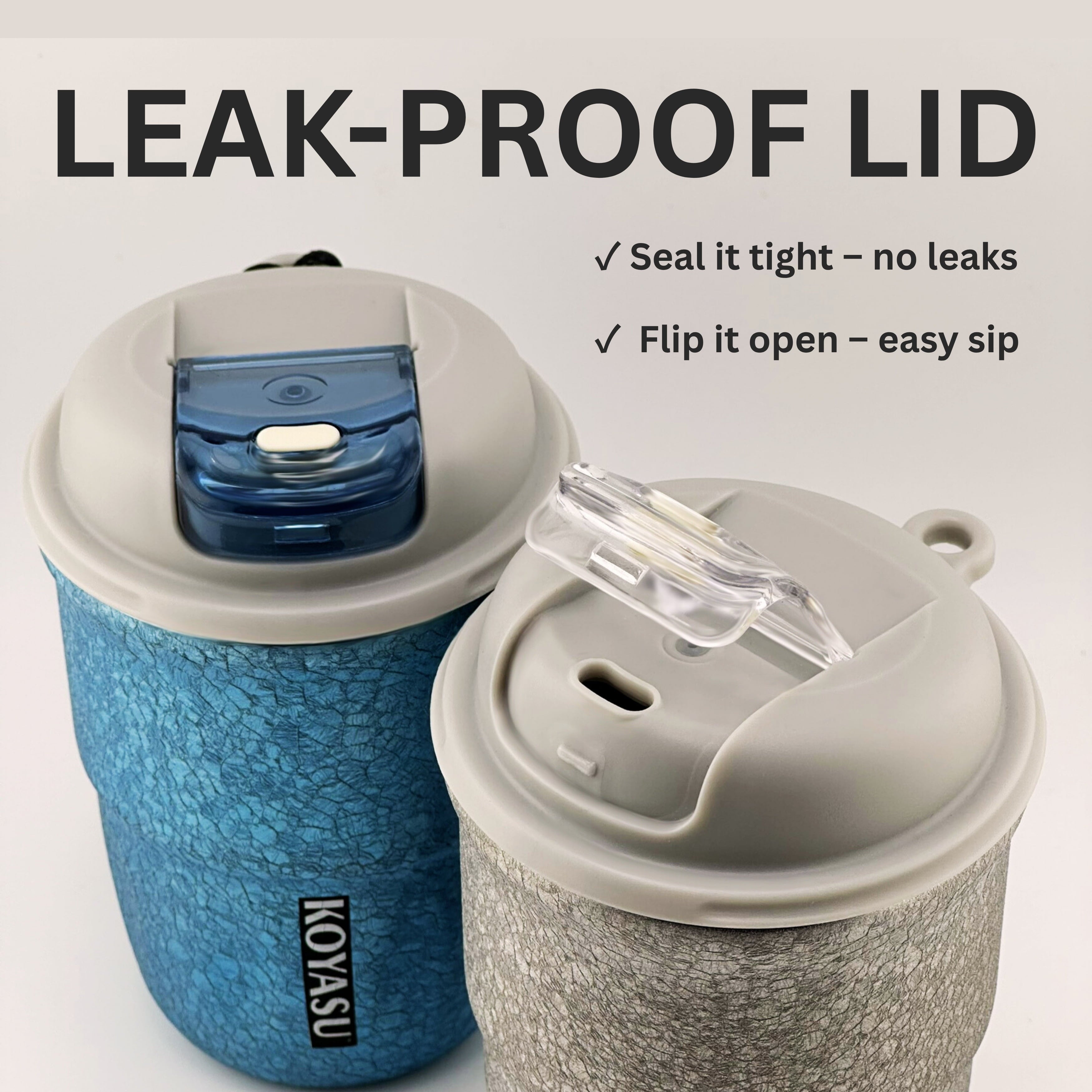 Exploded view of lid features: leak-proof flip cap, sipping spout, and silicone seal.