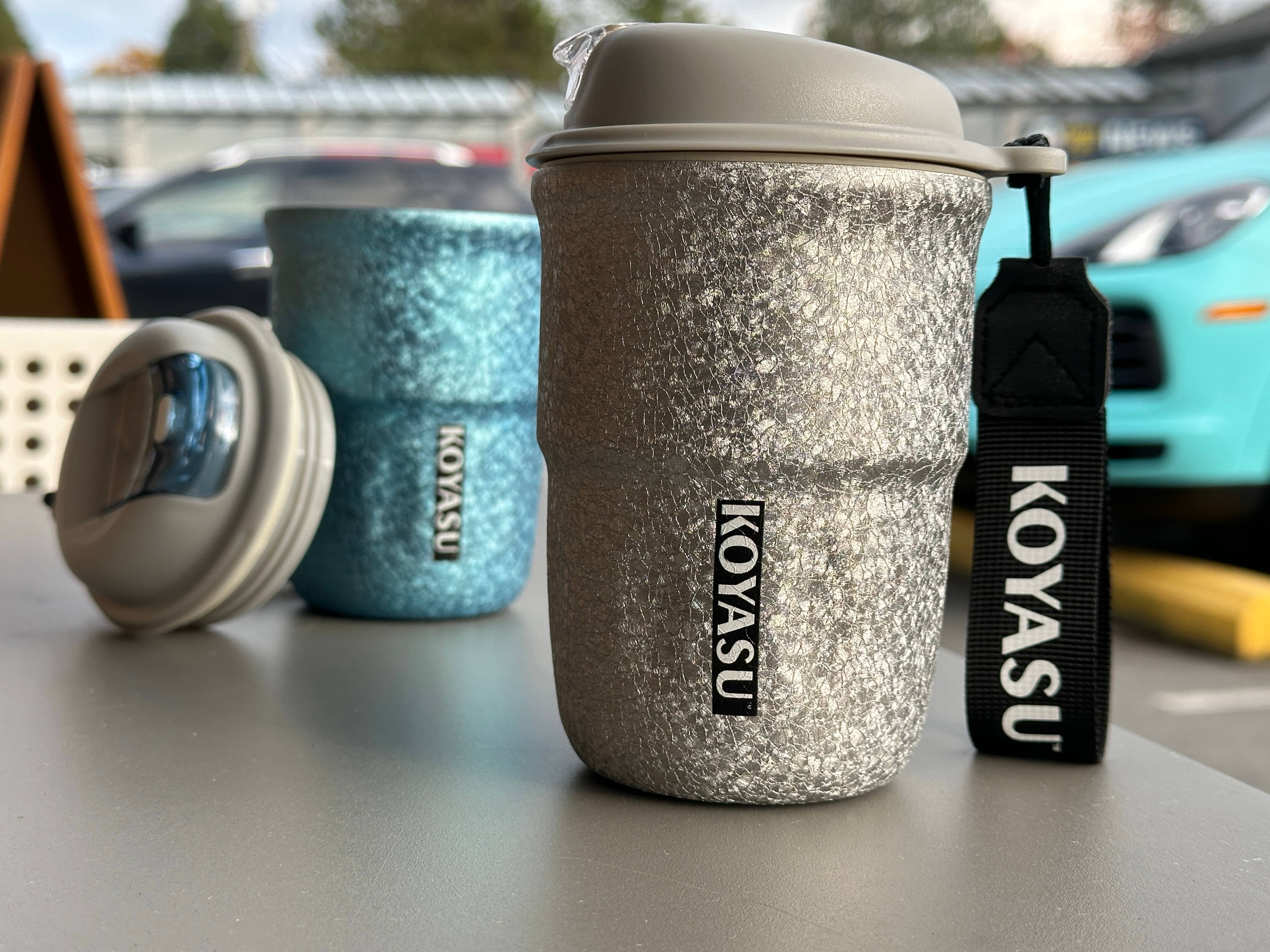 KOYASU 12oz titanium lined cup mug tumbler thermos bottle gray blue duo on table