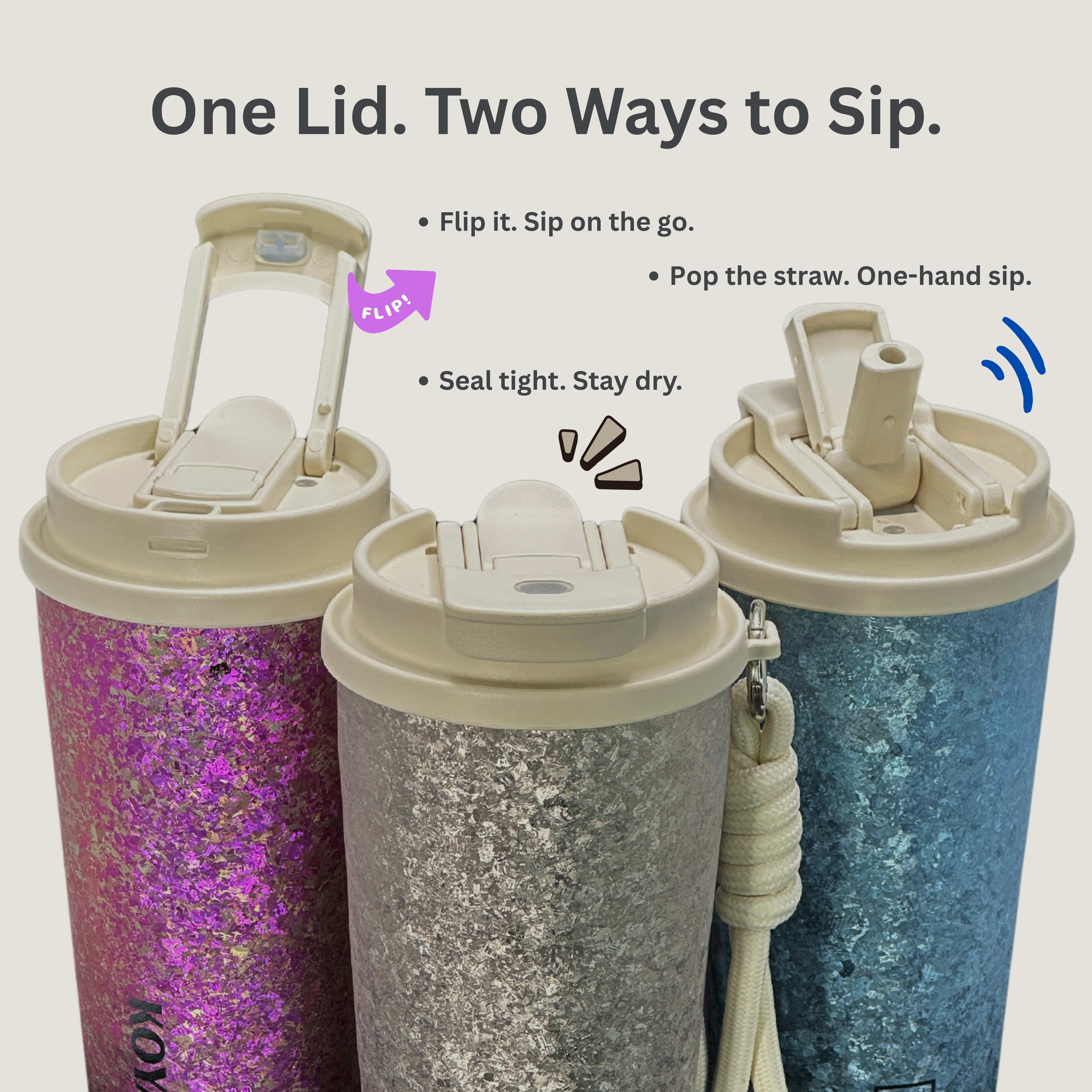 Three KOYASU whole-body titanium travel mugs demonstrating the versatile leak-proof lid design — left mug with a flip-top cap for smooth sipping on the go, center mug sealed tight to prevent leaks, and right mug featuring a pop-up straw for easy one-handed sipping. Each mug highlights different ways to drink while maintaining a minimalist, health-conscious design with titanium inside and out.