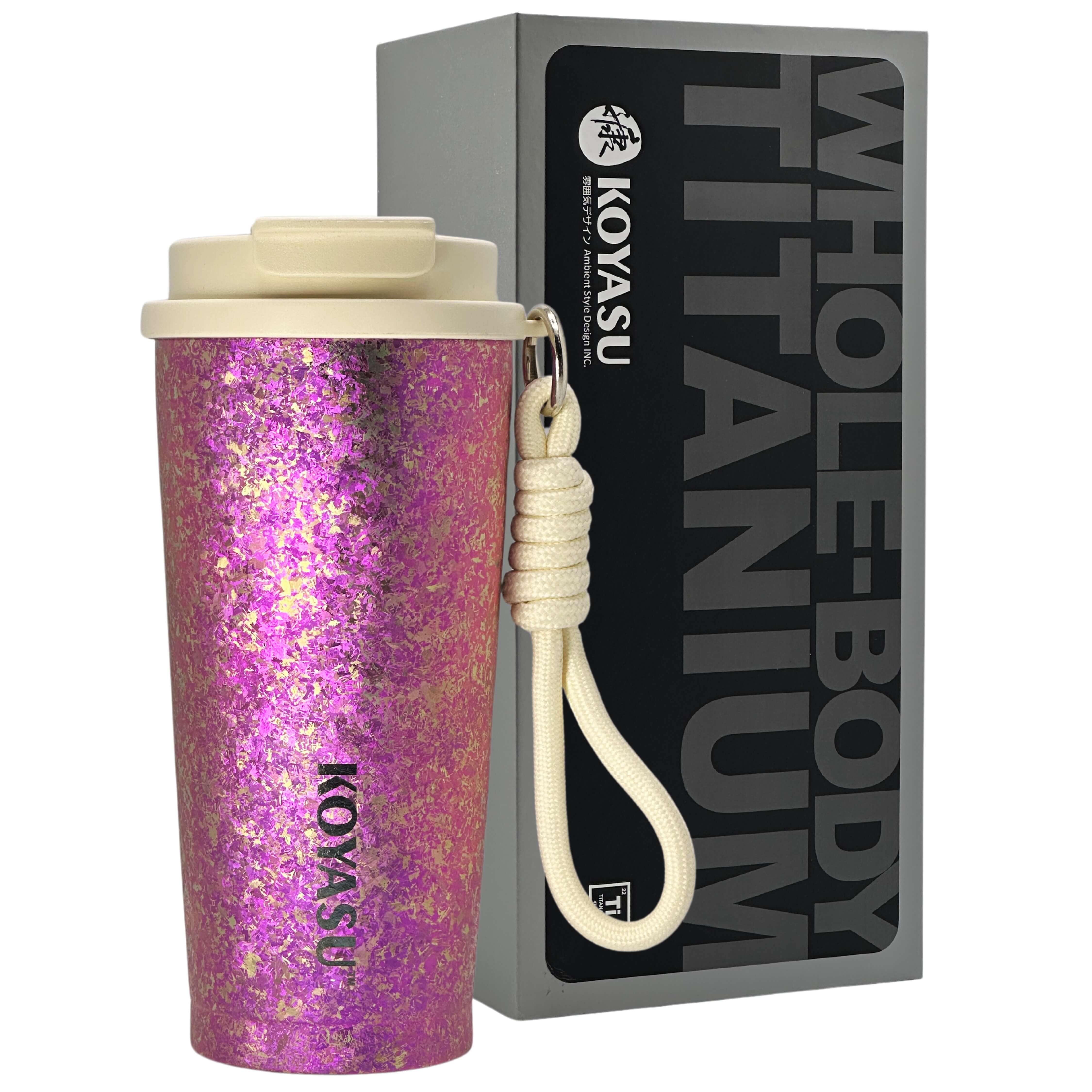 KOYASU 16oz whole-body titanium mug in pink with lid and rope, shown with premium packaging box