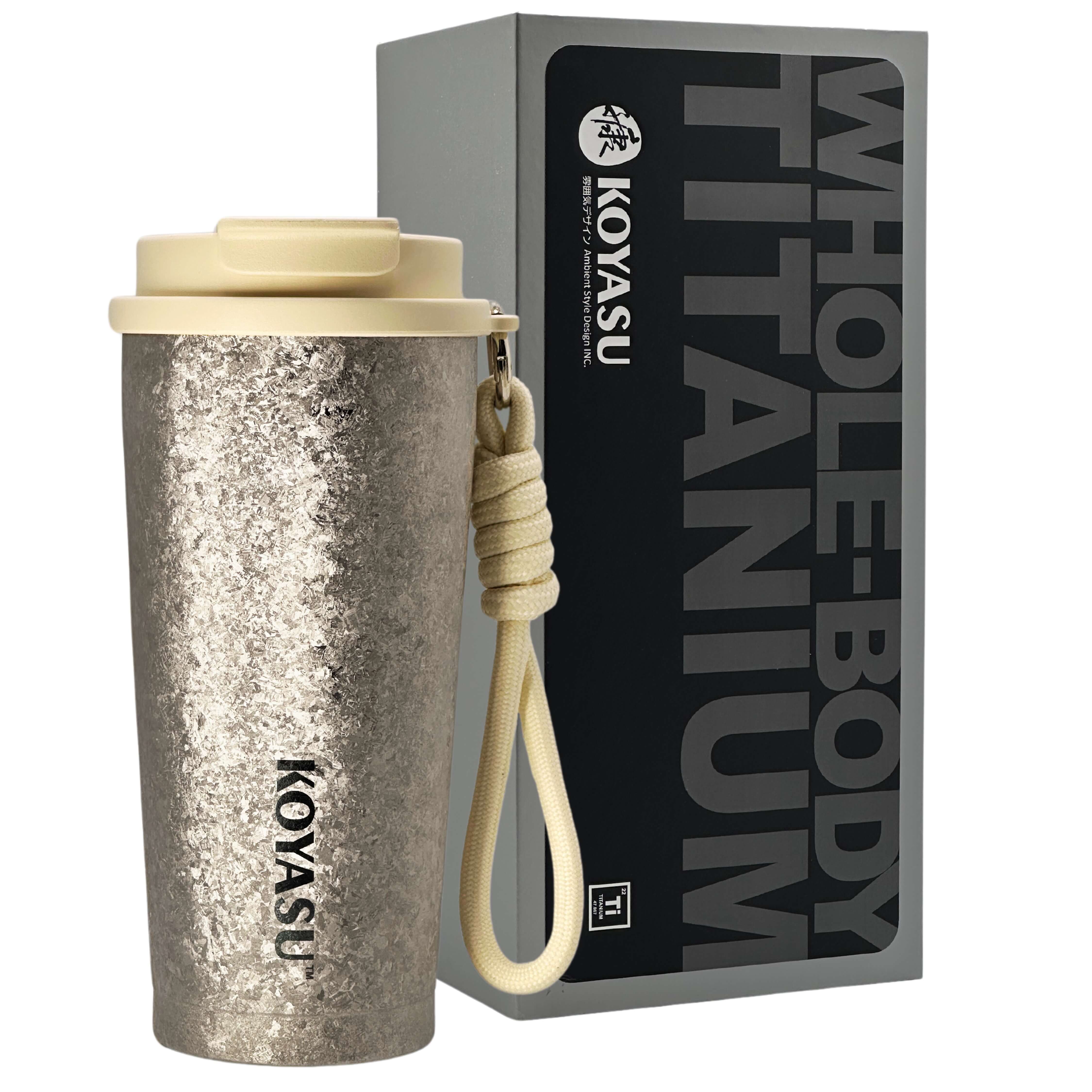 KOYASU 16oz whole-body titanium mug in silver with lid and rope, shown with premium packaging box